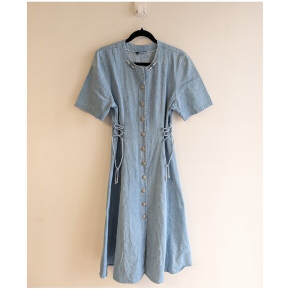 Vintage Dresses & Skirts - Vintage Midi Denim Dress with full button front with bead detail at neckline
